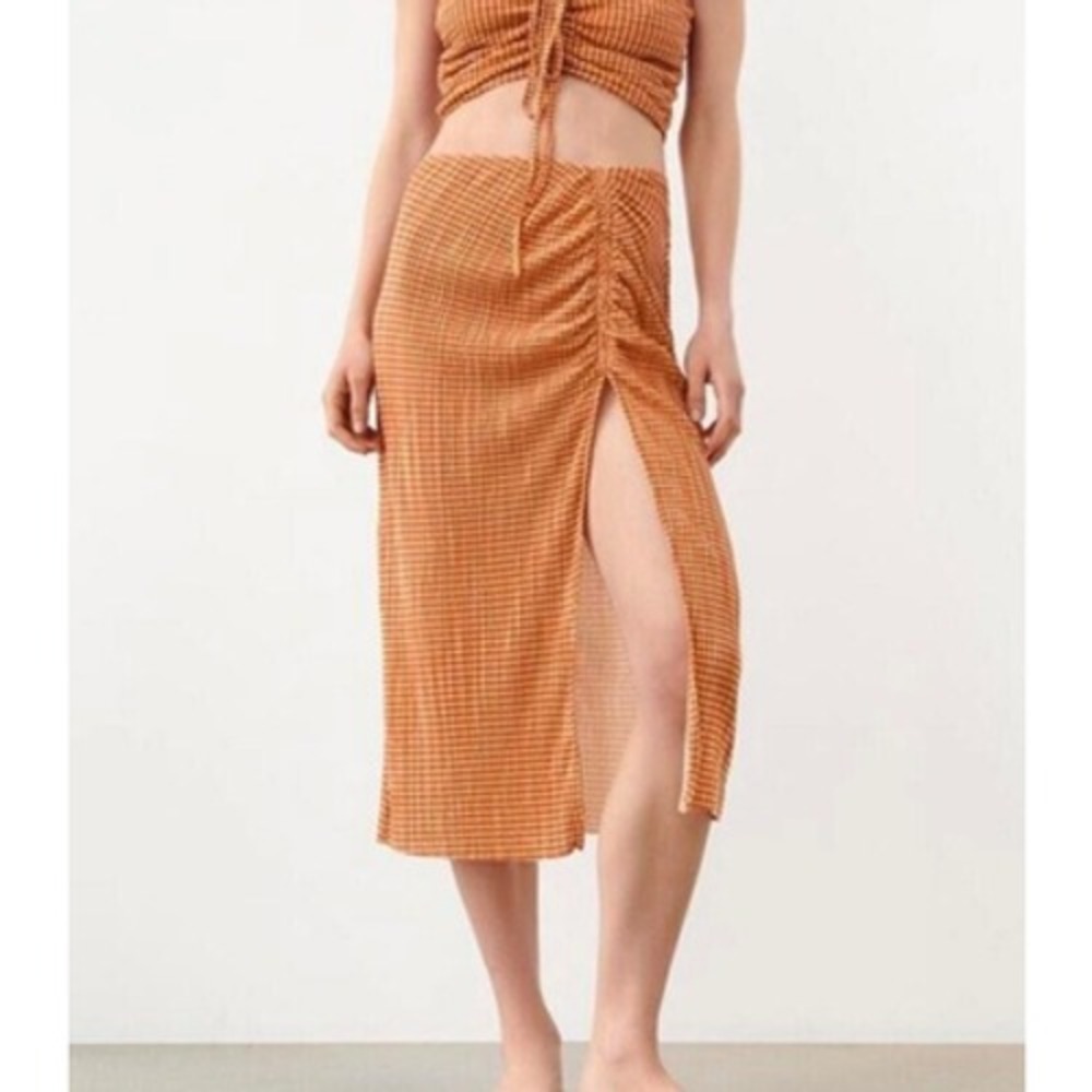 Zara‎ Women Midi Straight Skirt Large Orange Gingham Ruched High Slit Stretch